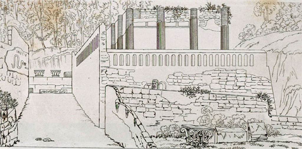 HGW04d Pompeii. 1817 engraving which shows the wall with several heads of animals encrusted, as described by Mazois. See Cooke, Cockburn and Donaldson, 1827. Pompeii Illustrated: Vol. II. London: Cooke. (pl. 23).