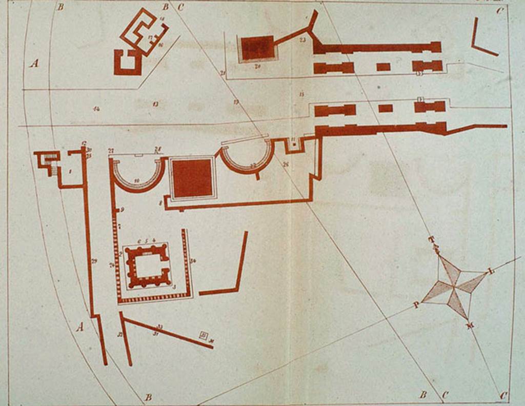 HGW04e/f Pompeii. Plan by F. La Vega of area outside Porta Ercolano.
See Fiorelli G., 1860. Pompeianarum antiquitatum historia, Vol. 1: 1748 - 1818, Naples, Tab. III.
The exact location of these graves seems uncertain.
According to Kockel
Mommsen in CIL X placed them next to HGW04a.
Mau states they were found in a plot connected with that of the Istacidii at the rear.
La Vega does not mention them at all in his comprehensive notes in PAH and they are not on his plan of the graves in Tab III.
Kockel suggests they did not lie next to HGW04a as their funeral forms differed from each other.
They may possibly have been on the Via Pomeriale where it is also possible that they could already see wall remains.
No positive location is given.
See Kockel V., 1983. Die Grabbauten vor dem Herkulaner Tor in Pompeji. Mainz: von Zabern. (p. 70).