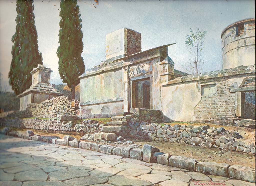HGW17 Pompeii, in centre. Undated watercolour by Luigi Bazzani of tombs on west side of Via dei Sepolcri.