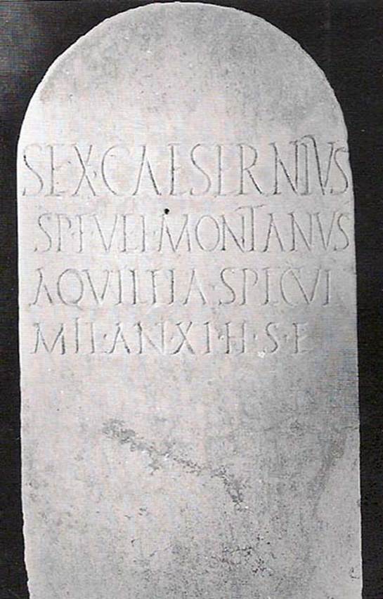 Tomb NG4 Pompeii. Tomb of Sextus Caesernius Montanus, son of Spurius.
Marble stele, with rounded top.
SEX(tus) CAESERNIUS
SP(uri) F(ili) VEL(ina) MONTANUS
AQUILEIA SPECUL(ator)
MIL(itavit) ANN(is) XI H(ic) S(itus) E(st)
Sextus Caesernius Montanus, son of Spurius, of the Velinan tribe, from Aquileia, bodyguard, performed military service for 11 years, is buried here.
See Cooley, A. and M.G.L., 2004. Pompeii : A Sourcebook. London : Routledge. G68, p.156.
See De Caro, 1979, Cronache Pompeiana V, pp. 86-93
See Stefani G., in SAP, 1998. Pompei Oltre la Vita: Nuove testimonianze dalle necropoli, p. 40.