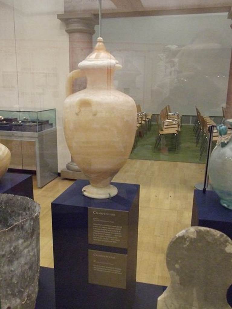 Pompeii Porta Nocera Tombs. September 2009. Found in the “recinto” between 3ES and 5ES.
One handled alabaster Hydria funerary urn. SAP inventory number 59861.
This was held in a lead container with lid. SAP inventory number 59860.
Photographed at “A Day in Pompeii” exhibition at Melbourne Museum.