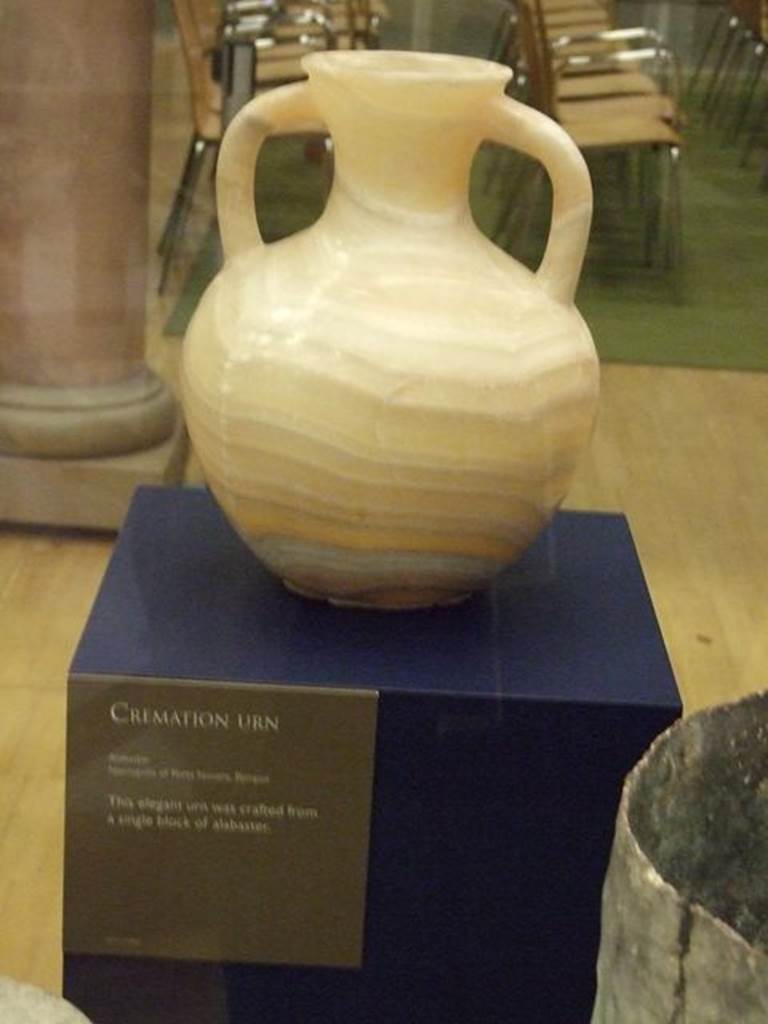 Pompeii Porta Nocera Tombs. September 2009. Found in the “recinto” between 3ES and 5ES.
Two handled amphora funerary urn. SAP inventory number 59863.
A lead container with a lid SAP inventory number 59862 held this urn.
Photographed at “A Day in Pompeii” exhibition at Melbourne Museum.