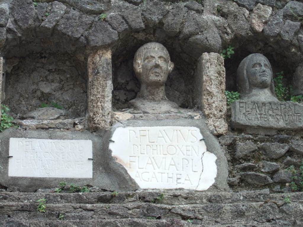 Pompeii Porta Nocera Tomb 7OS. May 2006. Busts and plaques with inscriptions.