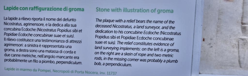 Pompeii Porta Nocera. Tomb 17aOS. December 2023. Description card from Boscoreale Antiquarium. Photo courtesy of Miriam Colomer.

