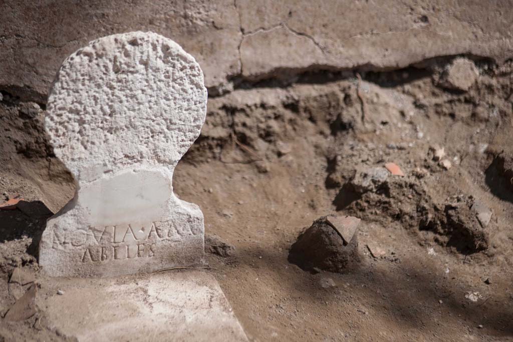 Porta Sarno la tomba di Marcus Venerius Secundio. August 2021. Tomb of Novia Amabiles.
In the remaining part of the enclosure evidence of cremation has been found, in the form of two cinerary urns, one of which is a beautiful glass container belonging to a woman by the name of Novia Amabilis.
La tomba di Novia Amabilis.
Nella restante parte del recinto sono state riscontrate due incinerazioni in urna, una in un bellissimo contenitore in vetro appartenente a una donna di nome Novia Amabilis.
NOVIA AM
ABILES
Photograph © Parco Archeologico di Pompei.