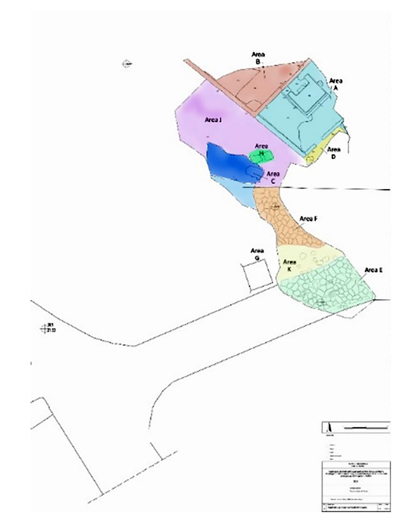 Pompeii Porta Sarno Necropolis. 2018 excavations plan.
See FastiOnline Necropoli di Porta Sarno 2018 Use subject to CC BY-SA 4.0
The space of the 2018 intervention was divided into different work zones, where the two funerary enclosures known to date in the necropolis stand out:
AREA A: Funerary site with a monument on podium.
AREA B: Funerary site with a monument of type “colonnato”.
The area outside these enclosures was also subdivided into several areas:
AREA C: Samnite necropolis.
AREA D: area east of site A.
AREA E: via dell’Abbondanza, E-OE direction.
AREA F: auxiliary road, N-S direction.
AREA G: Funerary monument south of the auxiliary road.
AREA H: Praetorian tombs area.
AREA J: space between the funeral precincts and the area of the Samnite necropolis.
AREA K: space between the two tracks.
The new tombs found in 2021 would be a continuation from area D.
