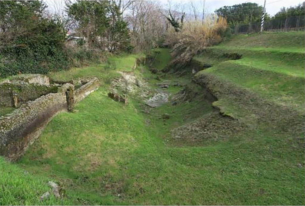 Pompeii Porta Sarno Necropolis. 2018. Tomb enclosures B and A with area J to immediate right with area H at its end.
In the hollow to the right of this are the Samnite necropolis area C, paved area F an auxiliary road in N-S direction., area K and paved area E, the continuation of the ancient road (now known as Via dell'Abbondanza).
The tombs are located outside the gate but are now on the other side of the railway line.
See FastiOnline Necropoli di Porta Sarno 2018 Use subject to CC BY-SA 4.0
