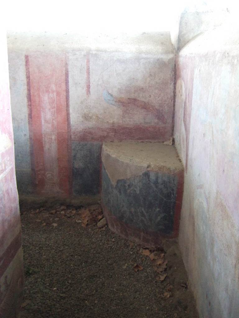VGJ Pompeii. May 2006. Looking east along inner side of south wall. A painting of a white herm in a red background is just visible to the left of the peacock painting.