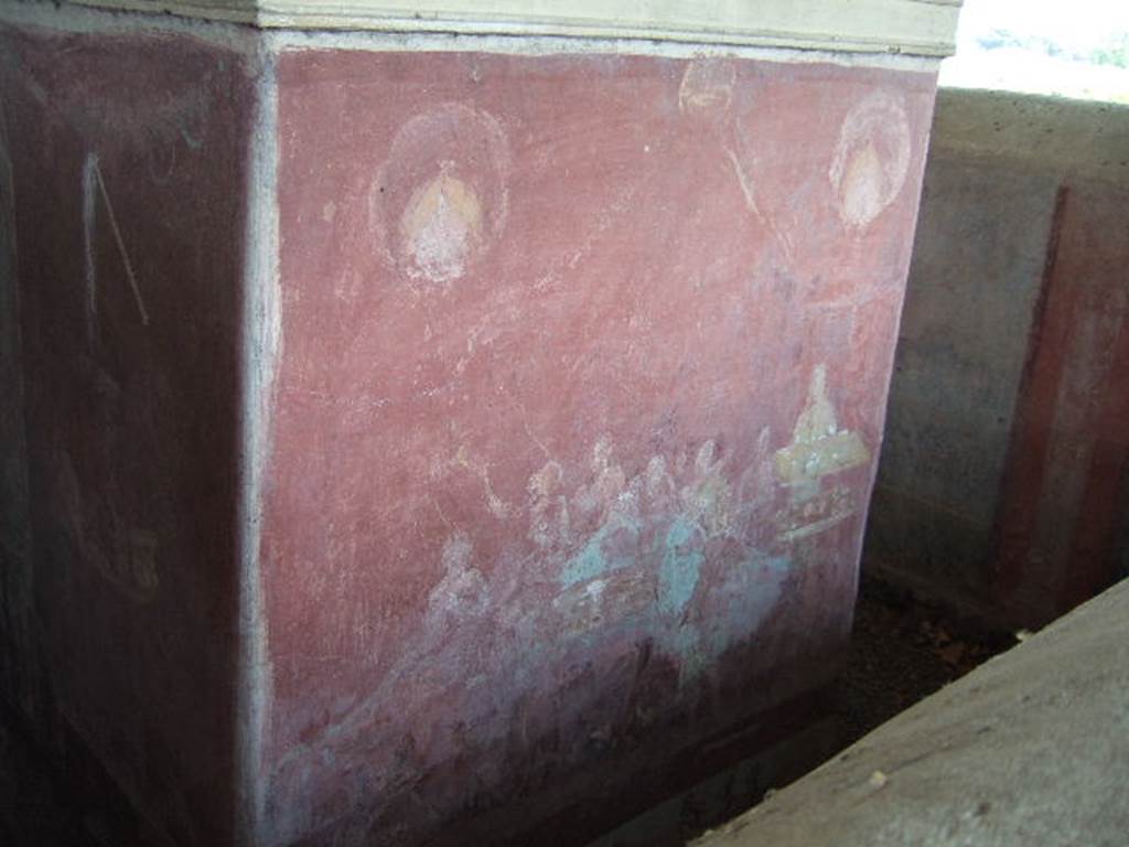 VGJ Pompeii. May 2006. Inner tomb south wall. Painting of the funeral repast. Engelmann describes this as “a funeral repast of which six persons partake, partly standing, partly sitting round a table. Three servants are also discernable who bring food and drinks". See Engelmann, W., 1929. New Guide to Pompeii: Second Edition. Engelmann. (p. 55).