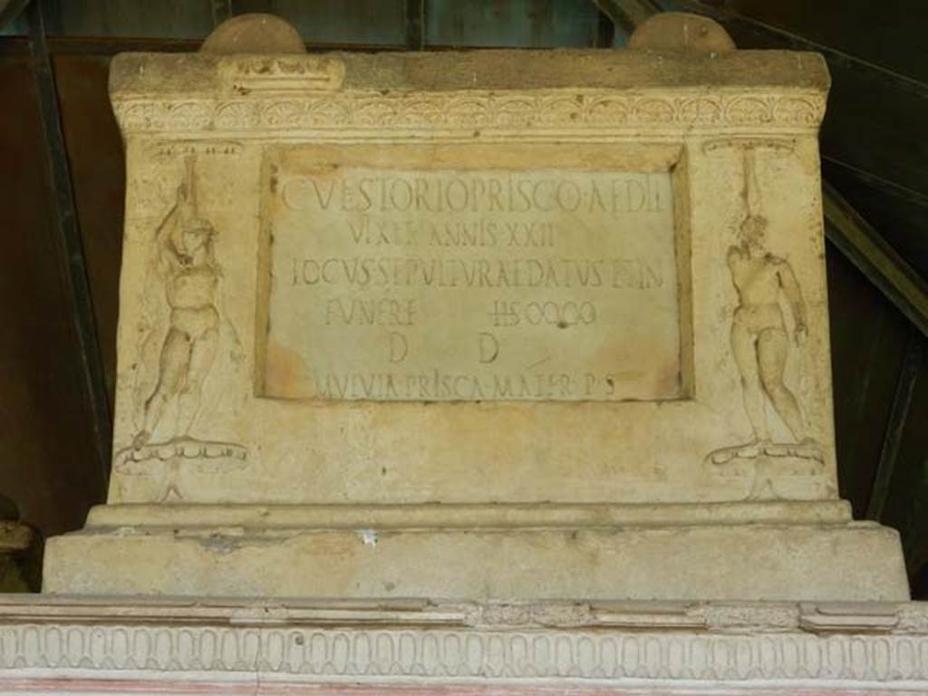 VGJ Pompeii. May 2015. Inscribed marble plaque from east side of inner tomb.
Photo courtesy of Buzz Ferebee.