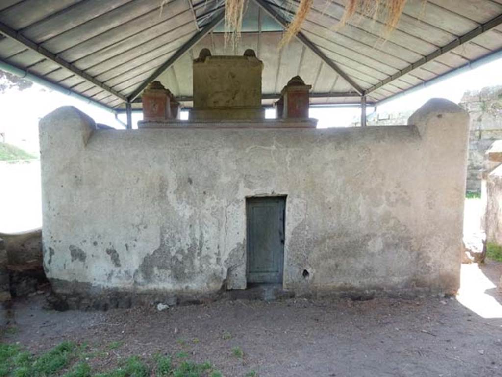 VGJ Pompeii. May 2015. Exterior west wall with doorway at rear. Photo courtesy of Buzz Ferebee.