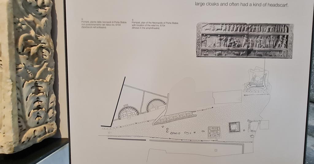 SG7 Pompeii. April 2023. Plan of tombs at Stabian Gate, with location of the relief (inv.6704 – Shows in the amphitheatre).
On display in Naples Archaeological Museum. Photo courtesy of Giuseppe Ciaramella.