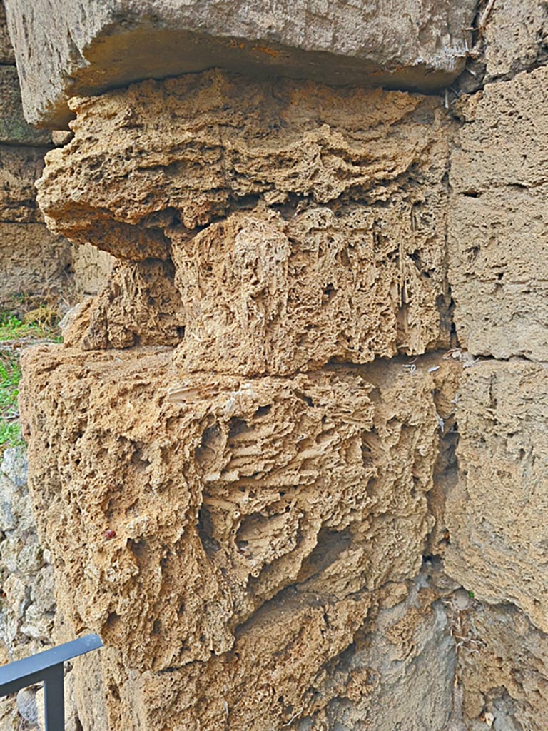 Tower XI, Pompeii. November 2023. 
Detail of city wall on west side of tower. Photo courtesy of Giuseppe Ciaramella.
