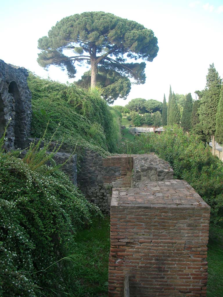 Tower II, Pompeii. May 2010.
Looking east towards west side and along south side. Photo courtesy of Ivo van der Graaff.
According to Van der Graaf –
“Tower II on the south side of the city displays radical alterations to its original structure.
Today, only the lower chamber remains which, judging from the clear seams in the masonry, includes some modern restorations in the upper portion. Enough of the ancient masonry survives to confirm that the tower featured brickwork laid in regularly spaced toothed quoins, in a technique adopted and perfected in the first century BCE. Unless the tower was built later than previously assumed, the masonry indicates that the building was heavily restored after the siege. The unusual floating postern on its western flank – sitting some 2 metres above the level of 79 CE – points to a drastic lowering of the surrounding terrain in antiquity. Equally unusual are the rectangular openings in the façade and back wall of the main chamber. Assuming that the modern reconstruction is largely correct, the colonial restorations of the tower radically changed its function. (See separate discussion in Chapter 6).”
See Van der Graaf, I. (2018). The Fortifications of Pompeii and Ancient Italy. Routledge, (p.132)