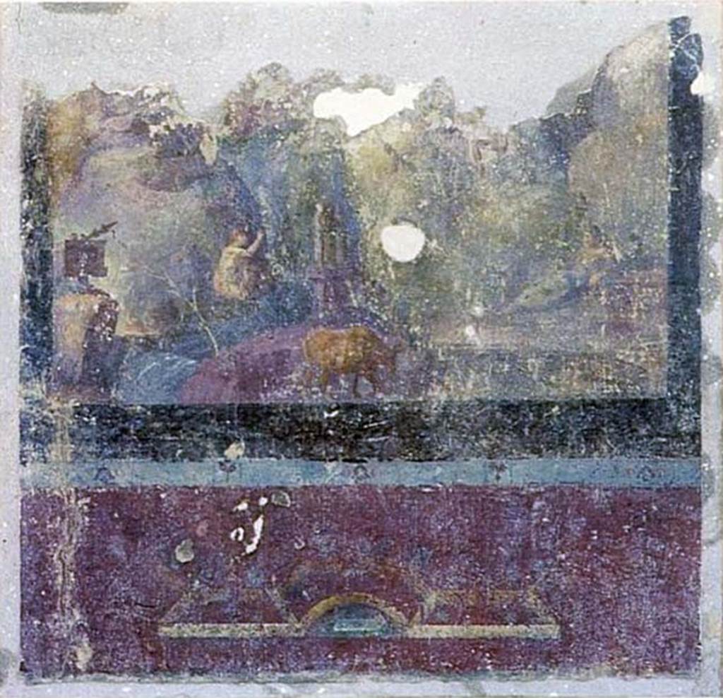 Gragnano. Rustic villa by the Strada Statale 145 Sorrentina. Room 4, triclinium. Fresco of Diana and Acteon.
A naked Diana is bathing in a brook cascading from a cliff.
In the centre is an altar with the Graces and in front a grazing ox.
Actaeon is higher up but only the lower part of his body remains.
To the right is a reclining river god.
Below is a painting of an enclosed garden with a pond.
Stabia Antiquarium inventory number 66657. See Otium Ludens, curated by Guzzo, P, Bonifacio, G, and Sodo, A.M. (2007). Castellammare di Stabia: Nicola Longobardi, p. 175.