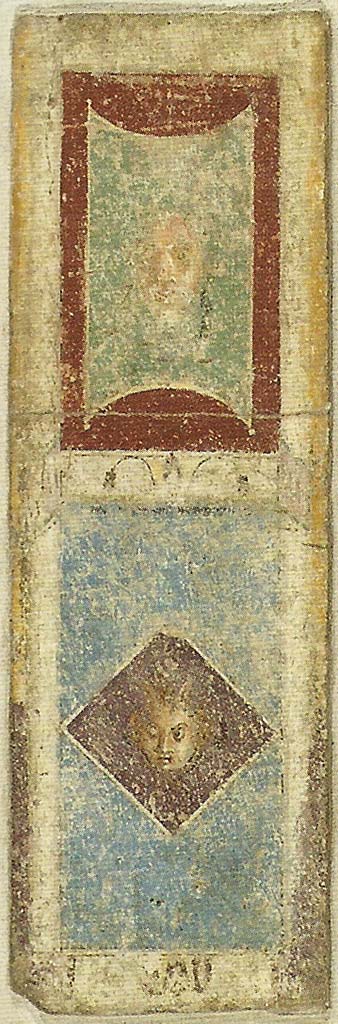Gragnano. Rustic villa by the Strada Statale 145 Sorrentina.
South wall of cubiculum 5.
Fresco panel with little masks separated by a white border with lotus flowers.
The upper mask is a Silenus mask.
The lower is a Medusa mask.
Stabia Antiquarium inventory number 66660. See Otium Ludens, curated by Guzzo, P, Bonifacio, G, and Sodo, A.M. (2007). Castellammare di Stabia: Nicola Longobardi, p. 175.