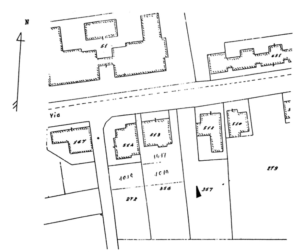 Scafati. Villa rustica in proprietà Rosa Buccino via Tenente Jorio. Strutture antiche rinvenute in via Tenente Jorio (proprietà Buccino). Posizionamento catastale.
Vedi Conticello de' Spagnolis, M., 1994. Il Pons Sarni di Scafati e la via Nuceria-Pompeios, Soprintendenza Archeologica di Pompei Monografie, 08, p. 25, fig. 14.