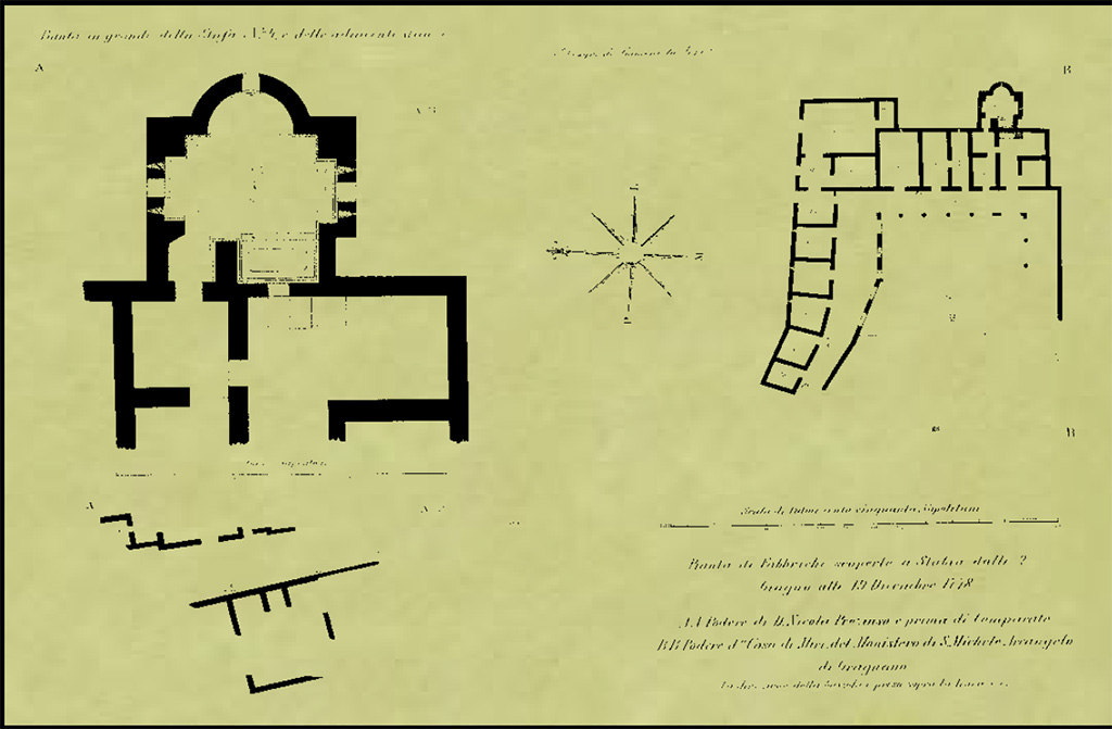 Villa Rustica, Casa di Miri. Villa del Filosofo. Pianta della villa detta del filosofo (da Ruggiero, tav. IX, disegno di F. La Vega). Podere di Nicola Preziuso, prima Comparato e podere del monastero di San Michele Arcangelo. Nell’ingrandimento a sinistra è riprodotta la grande stufa della villa.
Plan of the villa known as the villa of the philosopher (from Ruggiero, table IX, drawing by F. La Vega). Estate of Nicola Preziuso, formerly Comparato and estate of the monastery of San Michele Arcangelo. The enlargement on the left shows the large stufa of the villa.
See Di Massa G., Il Territorio di Gragnano nell’antichità e l’Ager Stabianus, p. 41.