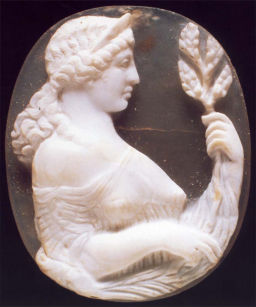 Gragnano, Capella di San Marco. Villa di Anteros ed Heracleo. Villa del Fauno.
Agate and onyx cameo depicting a woman, perhaps Venus, holding a leafy branch in her hands.
Now in Naples Archaeological Museum. Inventory number 26775.