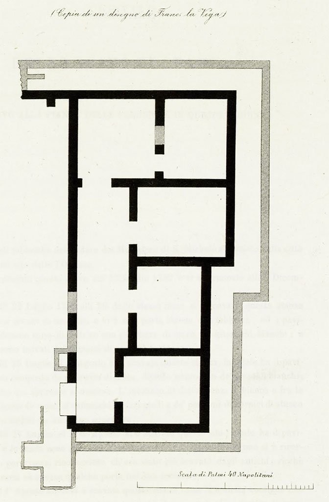 Villa at Stabiae Varano. Plan copied from a drawing by Francesco La Vega.
See Ruggiero M., 1881. Degli scavi di Stabia dal 1749 al 1782, Naples. Tav. 18.