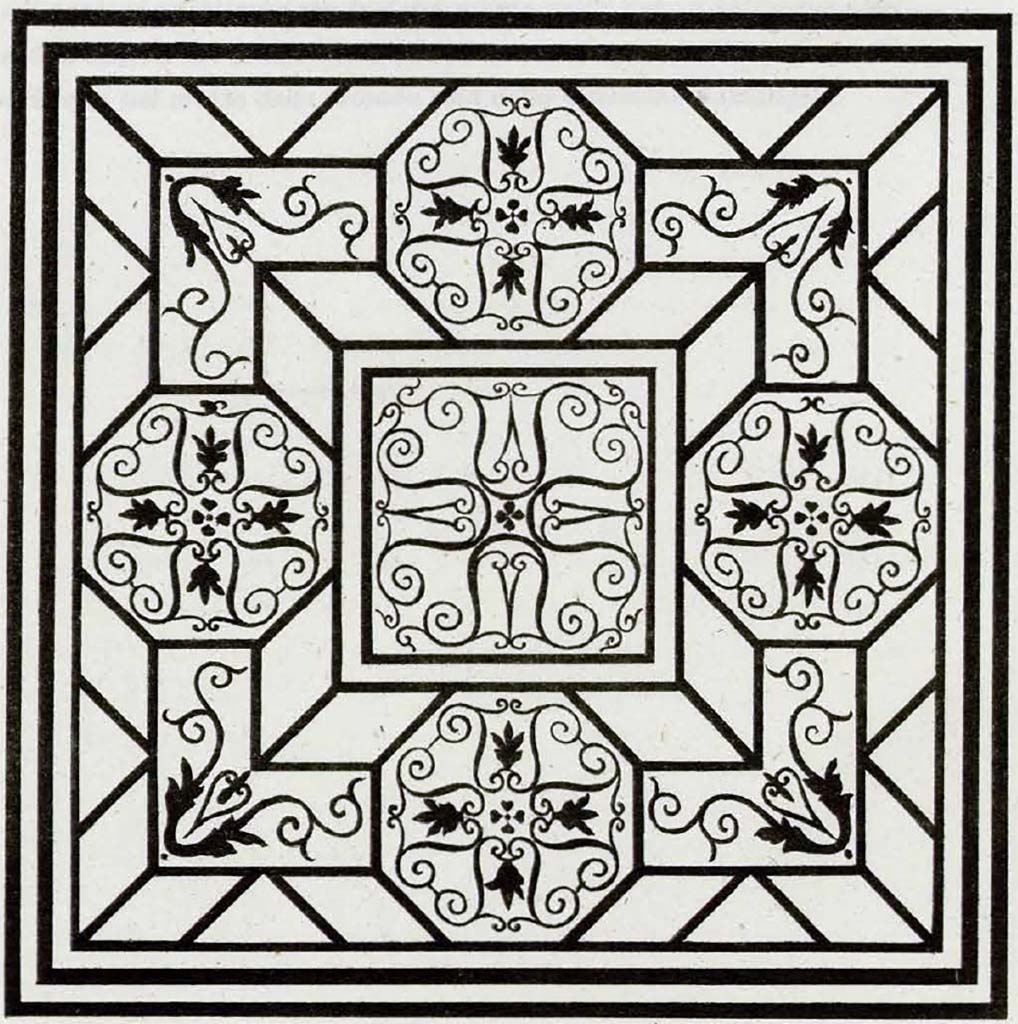 Villa at Stabiae Varano. Second mosaic, drawn by Francesco La Vega.
See Ruggiero M., 1881. Degli scavi di Stabia dal 1749 al 1782, Naples. Tav. XVIII.