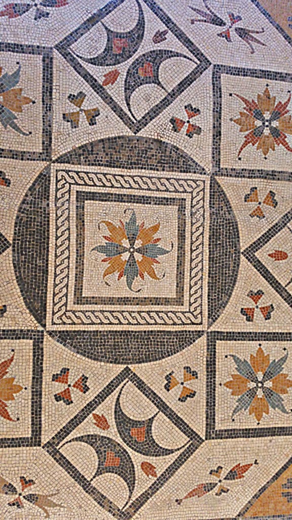 Villa Urbana, Varano, Stabiae. July 2019.
Detail of central emblema. Photo courtesy of Giuseppe Ciaramella.