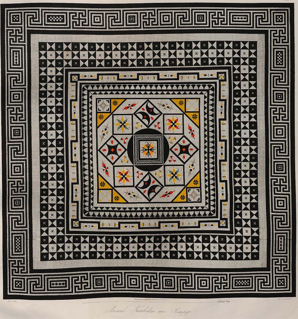 VIII.2.1 Pompeii. Pre-1852. Drawing by Zahn of Pompeii mosaic in original colours, from Naples Museum.
Zahn describes this as a mosaic from Pompeii in the colours of the original, currently in the Royal Museum in Naples. This paving consists of small pieces of coloured marble (not glass paste) which are very exactly indicated here, so that according to this model the execution on a large scale would be very easy.
See Zahn, W., 1852-59. Die schönsten Ornamente und merkwürdigsten Gemälde aus Pompeji, Herkulanum und Stabiae: III. Berlin: Reimer, Taf. 6.