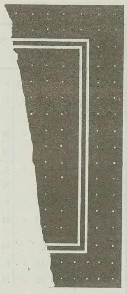 Gragnano, Ogliaro, nel podere del Monastero di S. Michele arcangelo.
Il pavimento di lastrico composto da pietruzze di mare, dipinto negro con de' musaici bianchi.
Paving of floor composed of sea pebbles, painted black with white mosaics
See Ruggiero M., 1881. Degli scavi di Stabia dal 1749 al 1782, Naples. Tav. XIX.