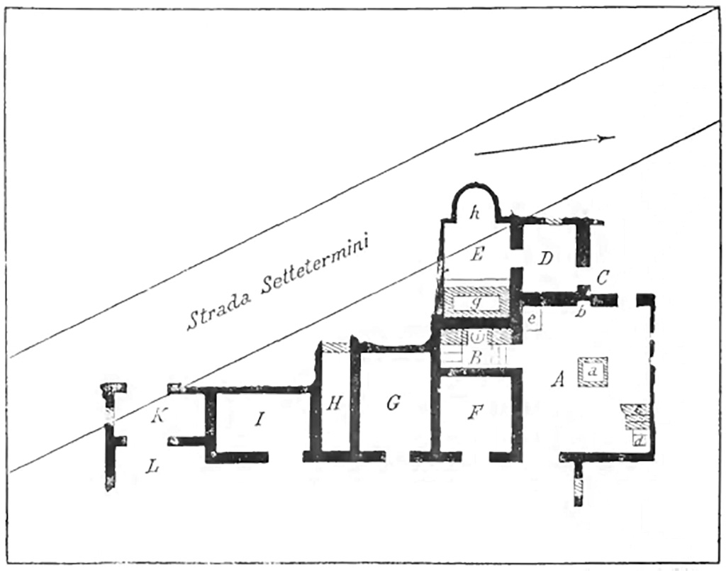 Villa della Pisanella, Boscoreale. Plan from Notizie degli Scavi di Antichita 1895, p. 208 fig. 1.
(See further below for rooms as described in Notizie degli Scavi di Antichità in 1899, and description by Pasqui and Barnabei).