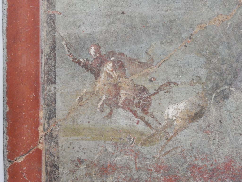 Villa della Pisanella, Boscoreale. May 2018. Room G, room with red walls. Detail of a hunter on a horse chasing a deer.
Now in Boscoreale Antiquarium. Photo courtesy of Buzz Ferebee.