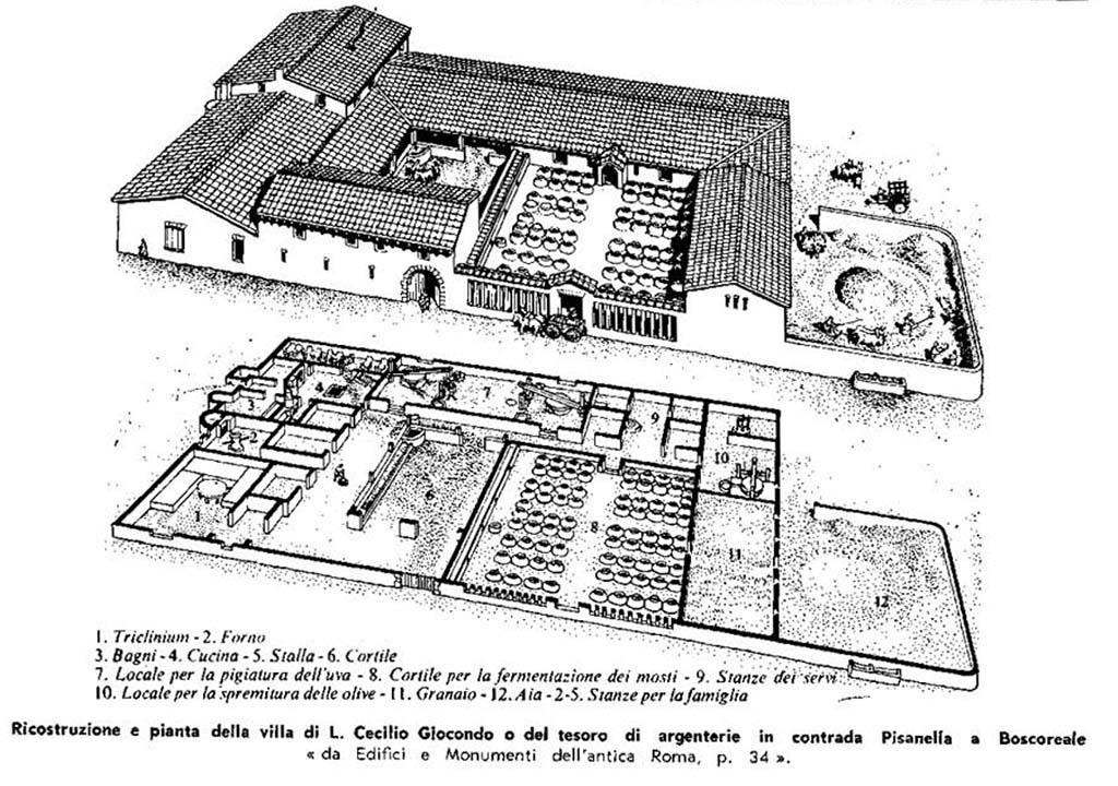 Villa della Pisanella, Boscoreale, villa reconstruction and plan.
See Domenico Russo, Sulla classificazione delle Ville Romane del Rostovzev, Sylva Mala II, Bollettino del Centro Studi Archeologici di Boscoreale, Boscotrecase e Trecase, 1981, p.7.
See article on Centro Studi Archeologici web site
Photo courtesy of Centro Studi Archeologici di Boscoreale, Boscotrecase e Trecase. Our thanks to Angelandrea Casale.