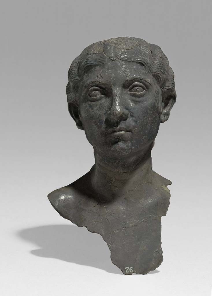 Villa della Pisanella, Boscoreale. The emblema (decorative centre-piece) of a silver dish: bust of a woman, inscribed: "Maxima's".
The dish was one of a pair, the other representing an elderly man.
© Trustees of the British Museum, inventory number BM 1895,0622.1.
Use under Creative Commons Attribution-NonCommercial-ShareAlike 4.0 International (CC BY-NC-SA 4.0) license.