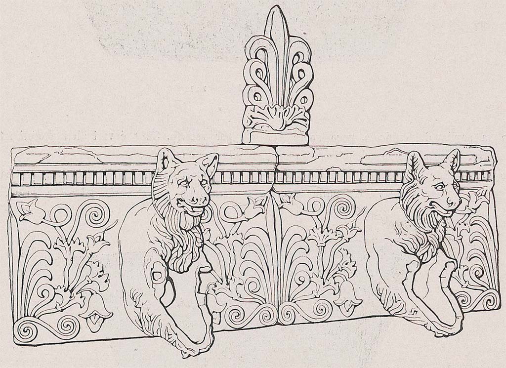 Villa della Pisanella, Boscoreale. Terracotta roof gutters (gronda) with water nozzle consisting of a wide inverted leaf, over which in high relief is the front of a lion.
See Pasqui A., La Villa Pompeiana della Pisanella presso Boscoreale, in Monumenti Antichi VII 1897, p. 423 fig. 18.