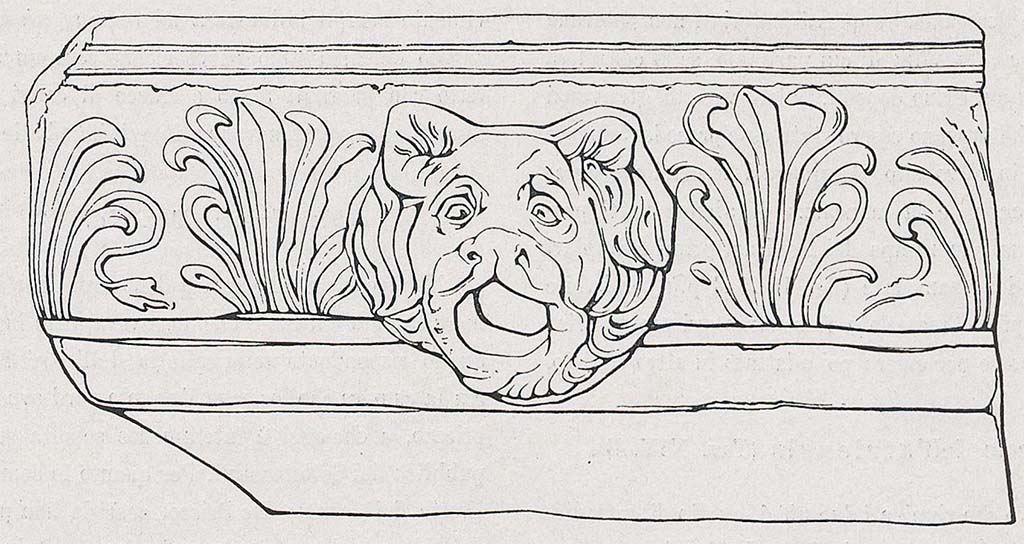 Villa della Pisanella, Boscoreale. Terracotta decorated roof gutter (gronda) with the central mouth of a smaller lion's head.
See Pasqui A., La Villa Pompeiana della Pisanella presso Boscoreale, in Monumenti Antichi VII 1897, p. 425 fig. 19.