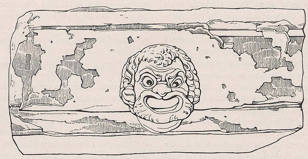 Villa della Pisanella, Boscoreale. Terracotta decorated roof gutter (gronda) with comic mask.
See Pasqui A., La Villa Pompeiana della Pisanella presso Boscoreale, in Monumenti Antichi VII 1897, p. 425 fig. 20.