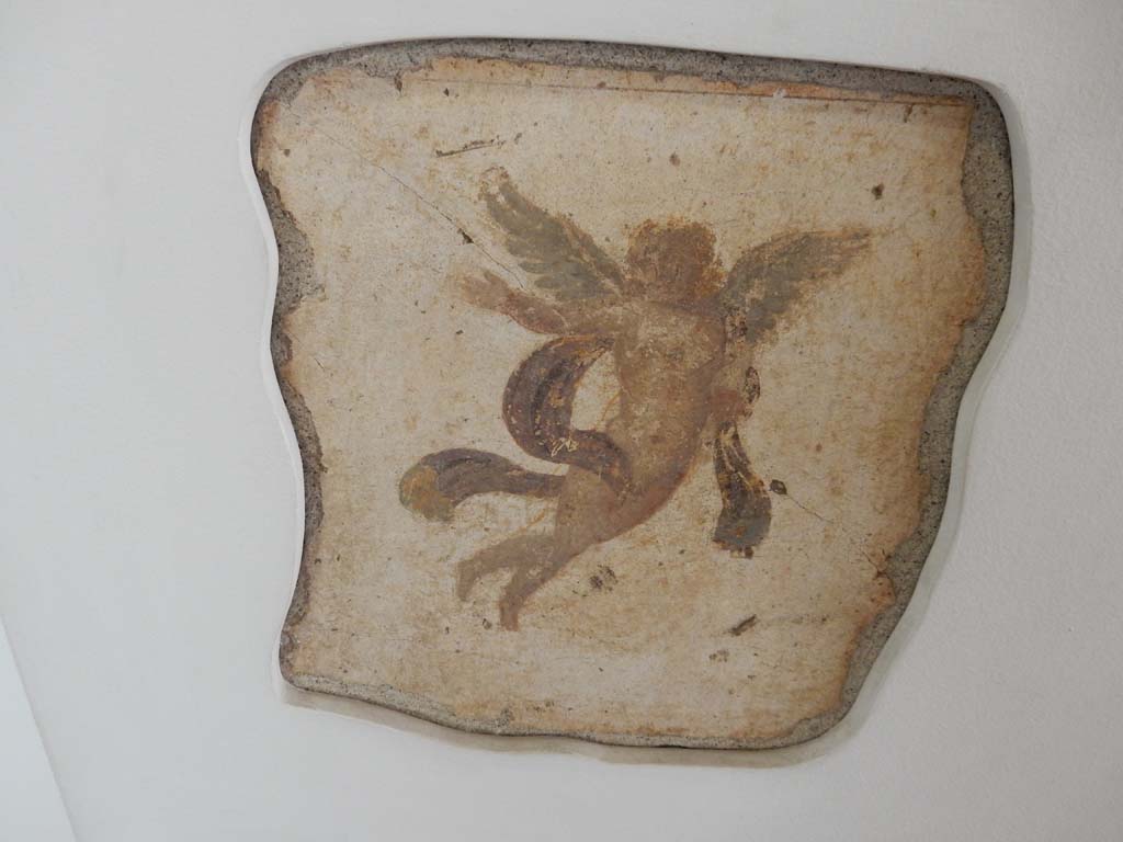 Villa della Pisanella, Boscoreale. May 2018. Cubiculum D, south wall, fresco of flying cupid with glass ampoule in his hand.
Dateable to the Augustan era. Now in Boscoreale Antiquarium. Photo courtesy of Buzz Ferebee.