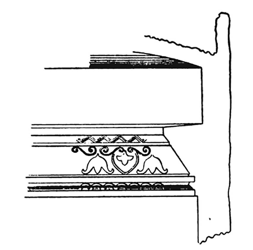 Villa della Pisanella, Boscoreale. Triclinium cornice which repeated the ornamental motifs of the cornice of the cubiculum, but inversely placed.
See Pasqui A., La Villa Pompeiana della Pisanella presso Boscoreale, in Monumenti Antichi VII 1897, (fig. 26).