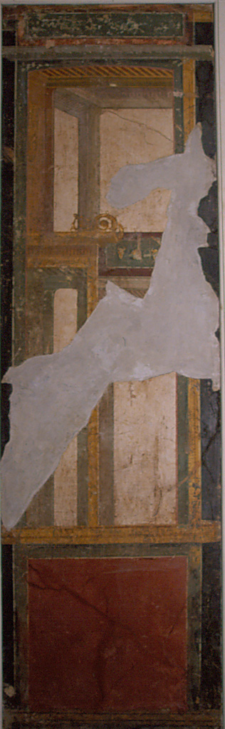 Villa della Pisanella, Boscoreale. Triclinium Pasqui F/Mau N? Fresco fragment.
According to Cou, from the official report of the excavation of 1899 it is possible that some of the architectural pieces (No. 24657 or 24651, 24656, 24659) are from the triclinium or dining-room (N).
See Cou F. Antiquities from Boscoreale in Field Museum Of Natural History (January 1, 1912), p. 155.
Photo © Field Museum of Natural History - CC BY-NC.
Now in the Boston Field Museum, inventory number 24651. See in Field Museum