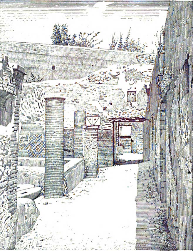 Villa della Pisanella, Boscoreale. 1897. Looking west along the north side of the peristyle/courtyard, towards the large kitchen door and the kitchen interior.
The arrangement of the two water tanks, compared to the different places where they were placed, is shown in this photograph.
The tank on the pillar in the peristyle is higher than the larger tank in the kitchen and was connected to it by pipes feeding down the column and underground to the top of the kitchen tank.
Water drawn from the impluvium cistern was poured into the smaller tank which then fed through to the larger tank.
See Pasqui A., La Villa Pompeiana della Pisanella presso Boscoreale, in Monumenti Antichi VII 1897, Fig.45.