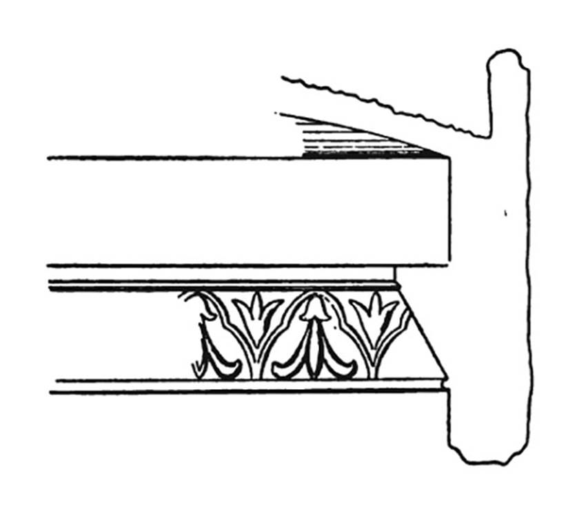 Boscoreale, Villa della Pisanella. 1897. Cornice in tepidarium N.
The small cornice consisted of a double oblique, on which were recorded trefoil arches and contained blossoms and small Palm trees.
Above and below the top the outline was completed by a strip.
See Pasqui A., La Villa Pompeiana della Pisanella presso Boscoreale, in Monumenti Antichi VII 1897, fig. 49.