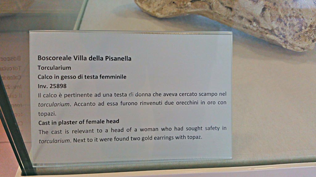 Villa della Pisanella, Boscoreale. December 2018.
Torcularium P, information card from Boscoreale Antiquarium. Photo courtesy of Giuseppe Ciaramella.
