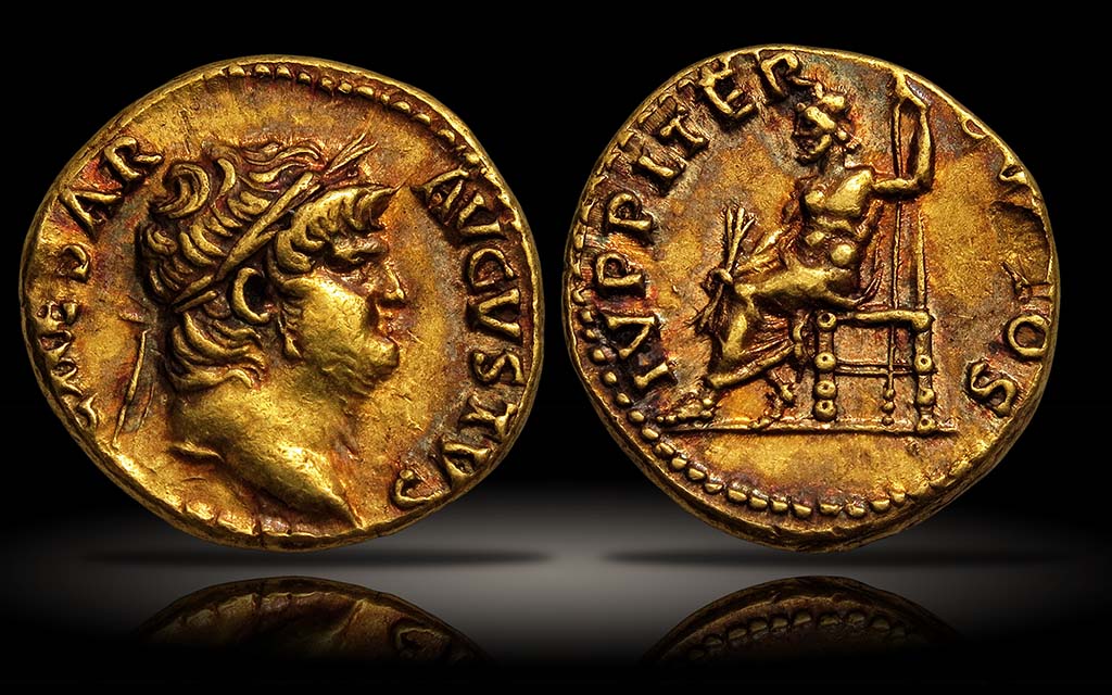 Villa della Pisanella, Boscoreale. Gold aureus of Nero from AD 64-65. On the front is the laureate head facing right and the inscription NERO CAESAR – AVGVSTVS.
On the reverse is the inscription IVPPITER – CVSTOS and Jupiter seated facing left on throne, holding thunderbolt and long sceptre.
Nero believed that because so many people who were so close to him were involved in the conspiracy to overthrow him as emperor and replace him with Gaius Calpurnius Piso he must have only been spared because the gods intervened. Jupiter the Guardian (represented by the inscription Custos - one who preserves and saves) was attributed with this intervention.
Photo © Colosseo Collection. See A Conspiracy to Assassinate the Emperor