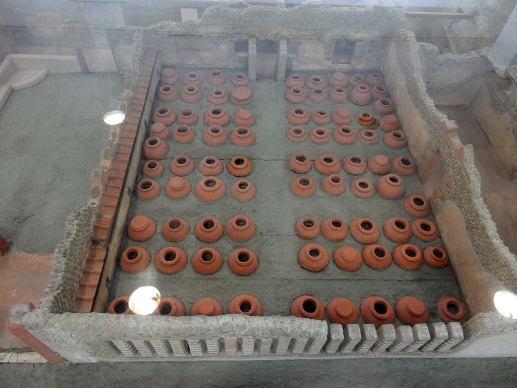 Villa della Pisanella, Boscoreale. May 2018. Cella Vinaria Q which had 84 sunken dolia and built in vents in south wall.
Peristyle A is to the left and nubilarium V is right. Model in Boscoreale Antiquarium. Photo courtesy of Buzz Ferebee.