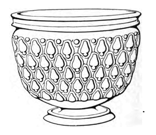 Villa della Pisanella, Boscoreale. 1897. Torcularium room R. Green glaze terracotta vase in form of a pine cone.
See Pasqui A., La Villa Pompeiana della Pisanella presso Boscoreale, in Monumenti Antichi VII 1897, (fig.64).