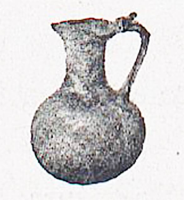 Villa della Pisanella, Boscoreale. 1897. Torcularium room R. Clear glass jug with round body and cylindrical neck.
See Pasqui A., La Villa Pompeiana della Pisanella presso Boscoreale, in Monumenti Antichi VII 1897, (fig.67).