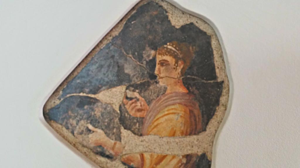 Villa della Pisanella, Boscoreale. December 2018.
Upper floor. Detail of black ground fresco with a female figure feeding two apples to a child or animal. Photo courtesy of Giuseppe Ciaramella.