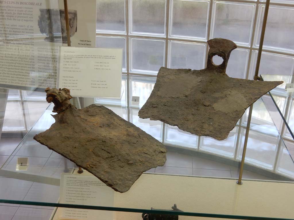 Villa della Pisanella, Boscoreale. May 2018. Boscoreale Antiquarium. Attrezzi di ferro. Iron tools.
1: Zappa. Hoe.
2: Zappa. Hoe.
Sulla carta c'è scritto: Ben rappresentati, nel contesto della villa, sono gli attrezzi da lavoro, sopratutto agricolo, o anche da muratore e da falegname. Gli attrezzi erano tutti in ferro con impugnatura lignea. Oggi mancante.
On the card it says: Well represented, in the context of the villa, are the work tools, especially agricultural, or even as a bricklayer and a carpenter. The tools were all made of iron with a wooden handle. Missing today.
Photo courtesy of Buzz Ferebee.