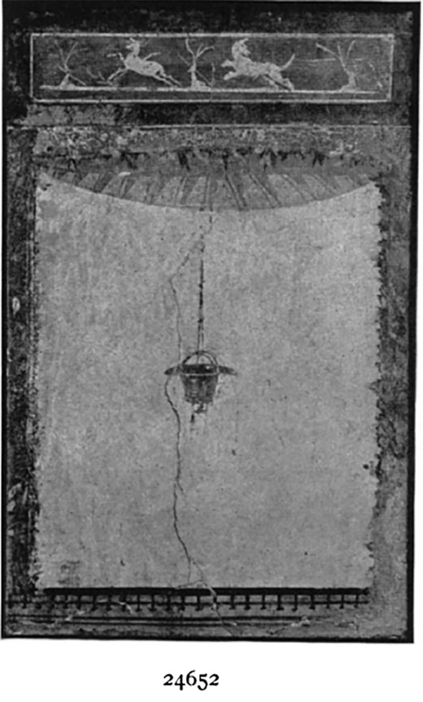 Villa della Pisanella, Boscoreale. Fresco fragment with suspended vase in middle and two animals in flight.
Now in the Field Museum, part of inventory number 24652. See in Field Museum
According to De Cou, this is 24652.
On the right side there seems to be a rosette.
In the white interior there is a large two-handled vase or basket suspended from the ceiling by means of a bright red cord, which parts near the lower end into two strands, each of which is attached to a handle.
The top-piece has its own border of very dark red with a pale yellow line about the inner edge. The interior has a brick-red ground with decorations in the same pale yellow as the line. On a base consisting of a horizontal stripe are represented three trees and two horses.
Abraded in lower right corner. Considerably worn and faded.
From the close resemblance existing between this piece and No. 24655 it is very probable that they are corresponding pieces from the same wall.
See De Cou F. Antiquities from Boscoreale in Field Museum Of Natural History (January 1, 1912), p. 163-5, pl. CXXII.