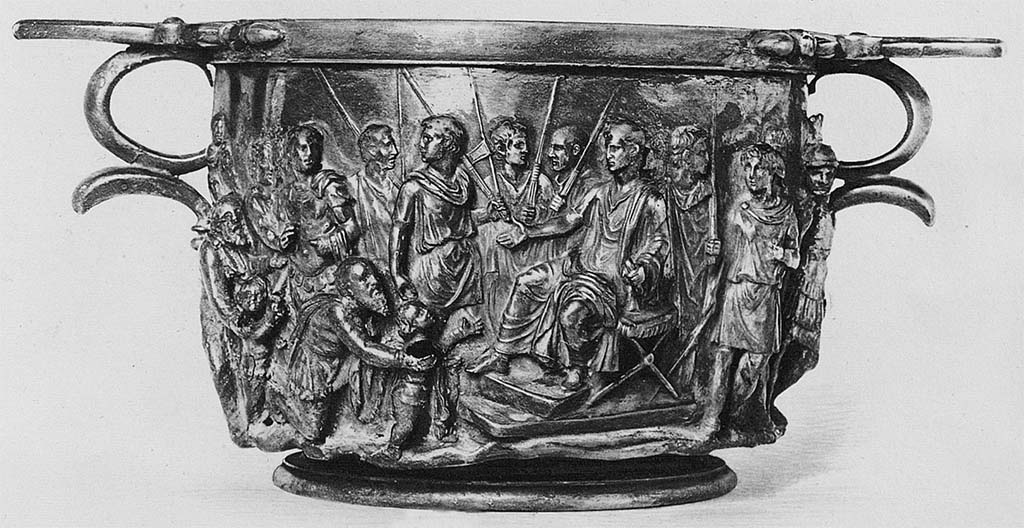 Villa della Pisanella, Boscoreale. 1901. Silver skyphos, Augustus and the barbarians. State when found. Side 1.
According to De Villefosse in 1901 this was in the Cabinet du Baron Edmond de Rothschild.
Skyphos argenté, Auguste et les barbares. État lorsqu'il est trouvé. Côté 1.
Selon De Villefosse en 1901, cela a été conservé dans le cabinet du Baron Edmond de Rothschild.
Voir/See De Villefosse H., 1899. L'argenterie et bijoux d'or du trésor de Boscoreale description des pièces conservées au Musée du Louvre: Monuments et Memories 5 1899 with supplement 1902, pl. XXXI.