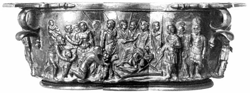 Villa della Pisanella, Boscoreale. Skyphos, Augustus Cup: expanded detail view of the first side when found.
According to Kuttner, the scene shows Augustus' World Rule. Mars and the provinces—Africa, Asia, Gallia, Hispania, et al, Augustus, Drusus, and the Princelings of Gallia Comata.
Skyphos, coupe Auguste: vue détaillée élargie du premier côté lorsqu'elle est trouvée.
Selon Kuttner, la scène montre la règle mondiale d'Auguste. Mars et les provinces - Afrique, Asie, Gaule, Hispanie, et al, Auguste, Drusus, et les Princelings de Gaule Comata.
See Kuttner, Ann L. 1995. Dynasty and Empire in the Age of Augustus: The Case of the Boscoreale Cups Berkeley: University of California Press, p. 12, pl. 13.
https://publishing.cdlib.org/ucpressebooks/view?docId=ft309nb1mw&chunk.id=d0e182&toc.id=d0e182&brand=eschol
